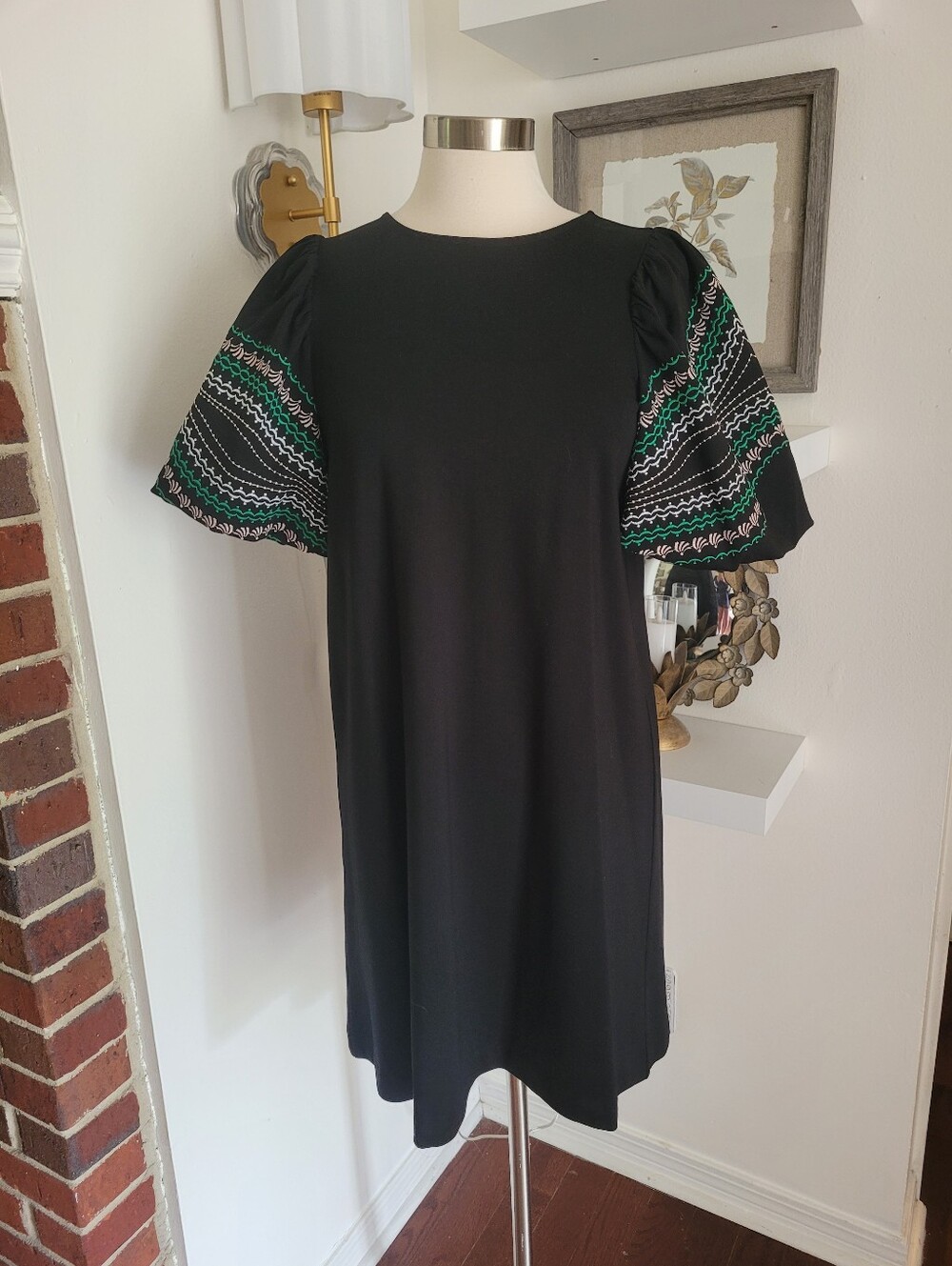 Ann Taylor Black Dress with Embroidered Puff Sleeves Small